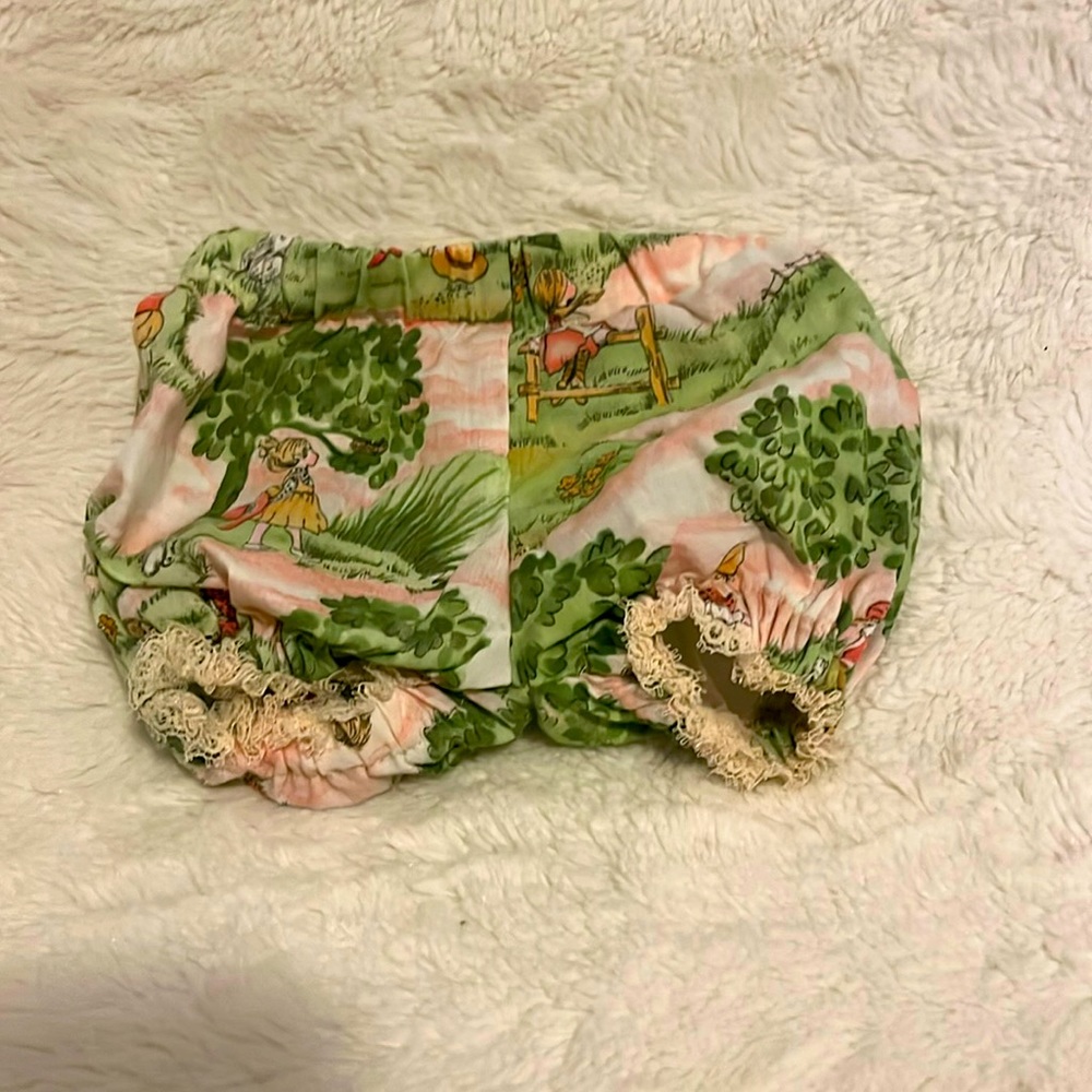 Handmade girl in park print, doll shorts. Fits a cabbage patch doll.